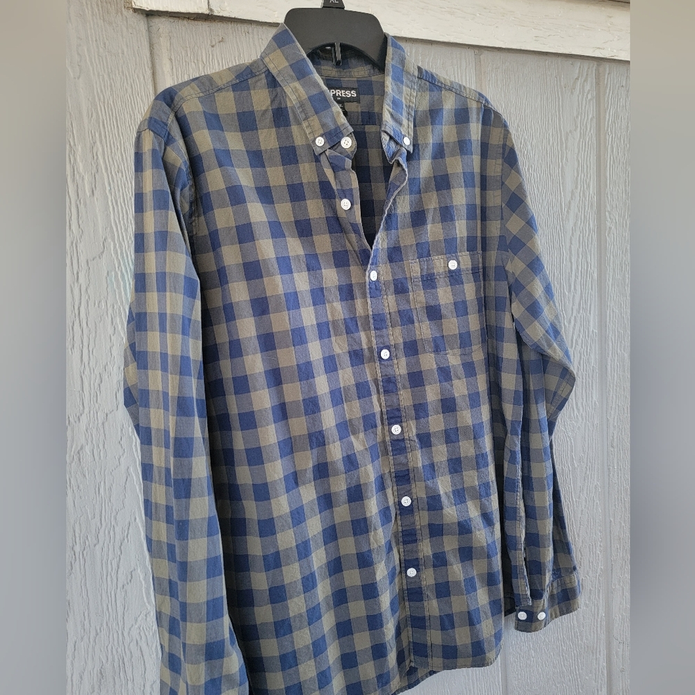 Express Mens 16-16.5 Blue &‎ Olive Checkered Button Down Long Sleeve Shirt
